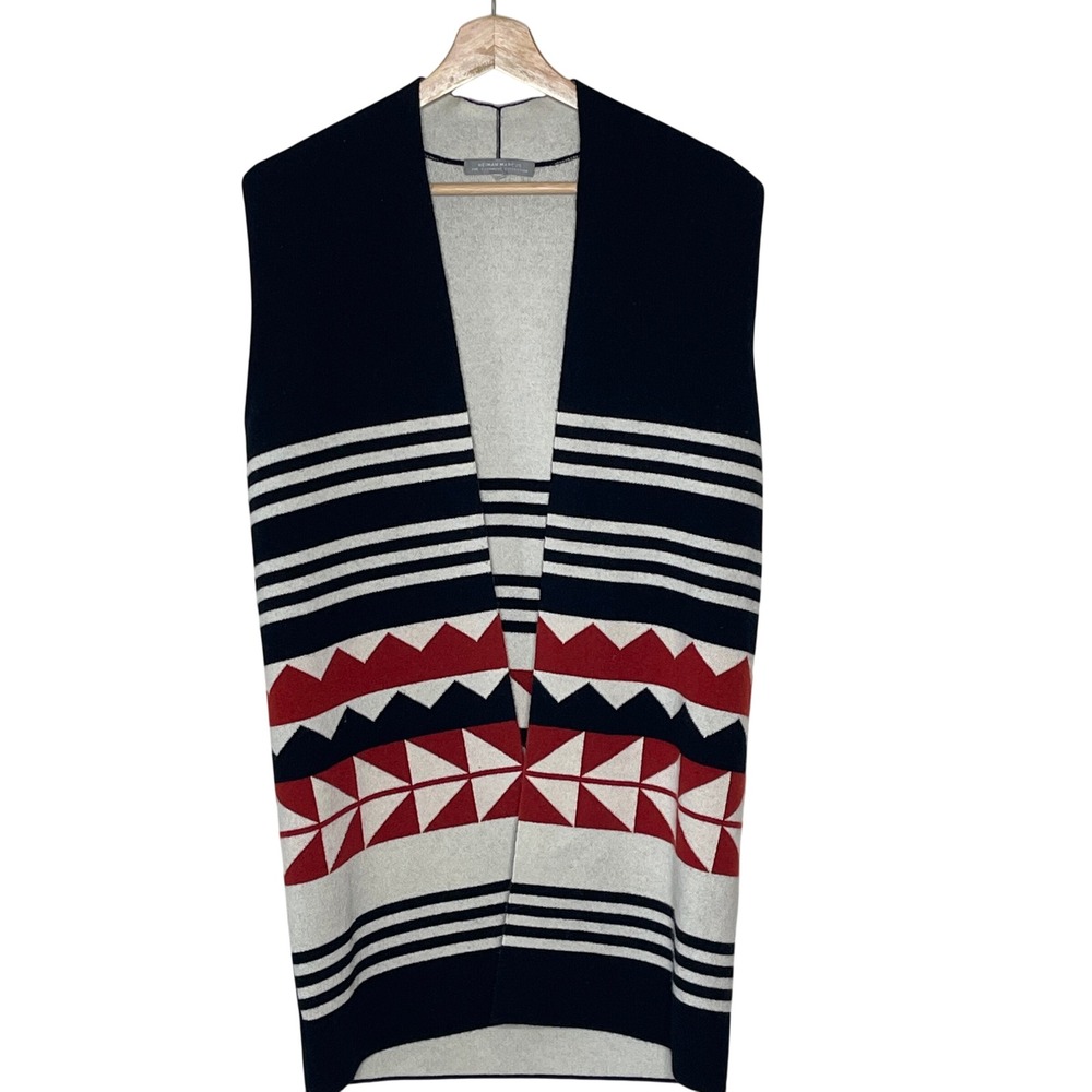 Neiman Marcus Cashmere Vest Geometric Intarsia Black Red White Longline Cardigan